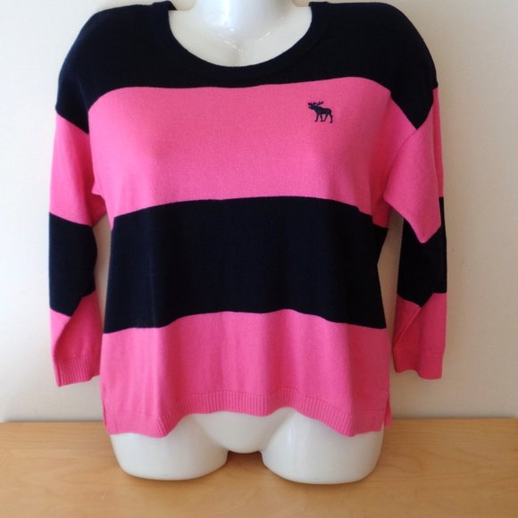 Vintage Abercrombie & Fitch Stripe Sweater Keyhole Bow Black Pink Size Large NEW - Picture 1 of 4